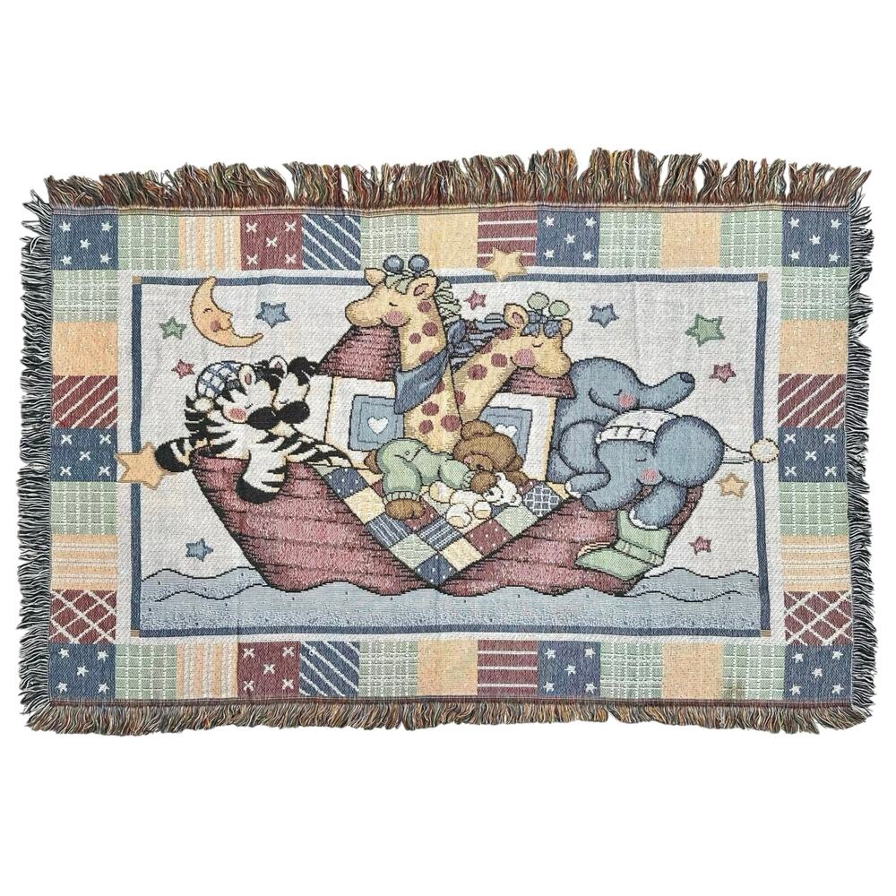 Noah’s Ark Biblical Vintage Baby Tapestry Yarn Woven Fringe Afghan Throw Blanket